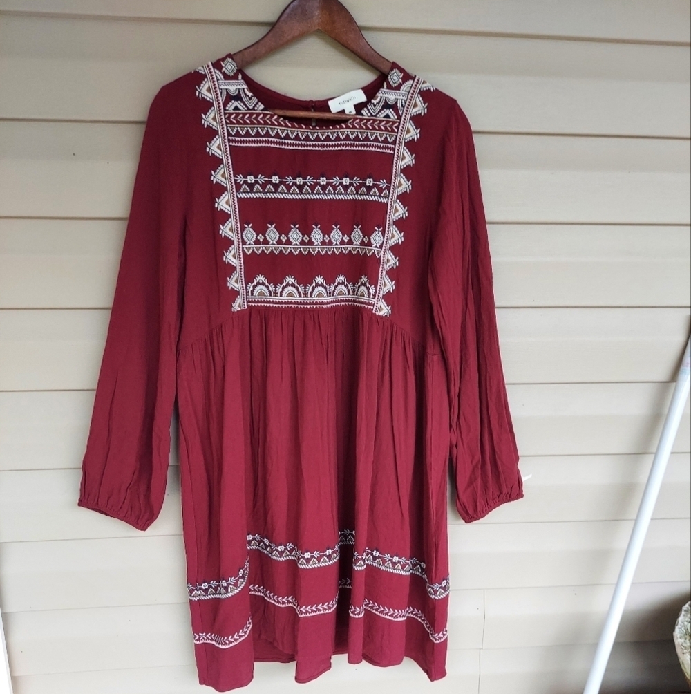 Hailey&Co Embroidered Maroon Tunic Dress Midi